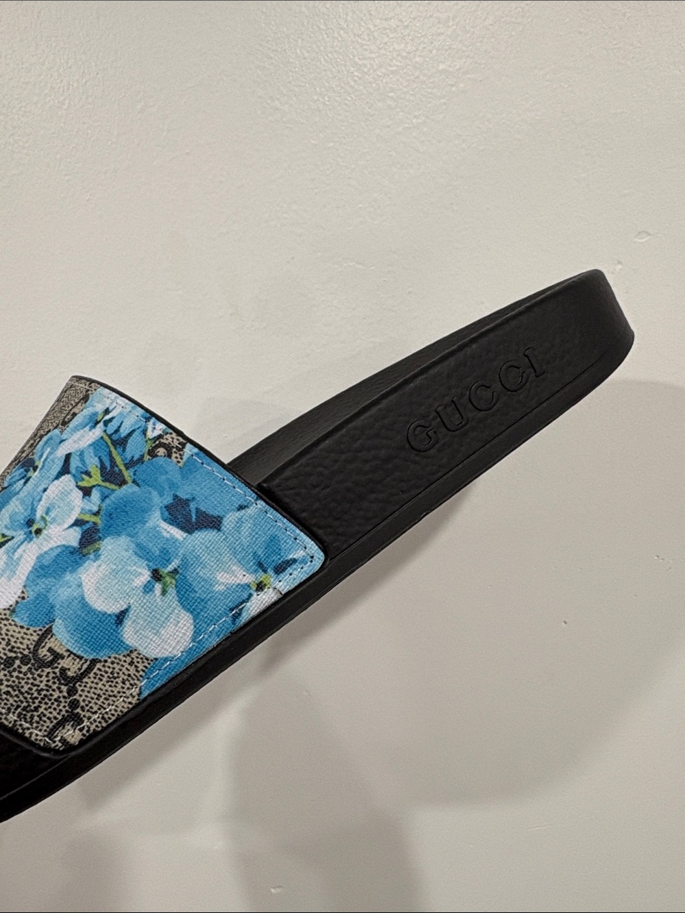 Fashion Sandals- Black Slide Sandals with Blue Floral Strap - Picture 3 of 4